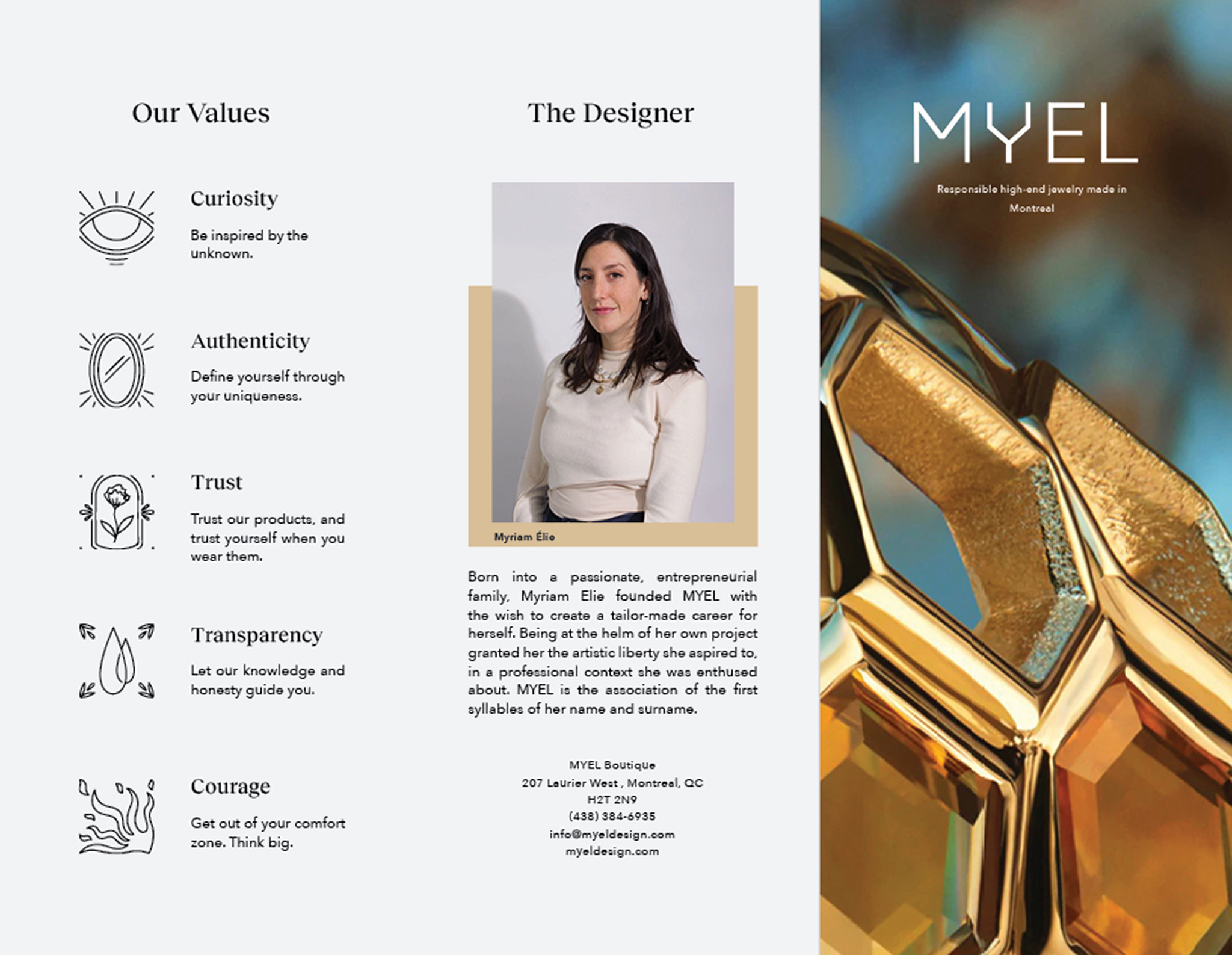 MYEL Brochure - Cover, Designer Biography and Company Values